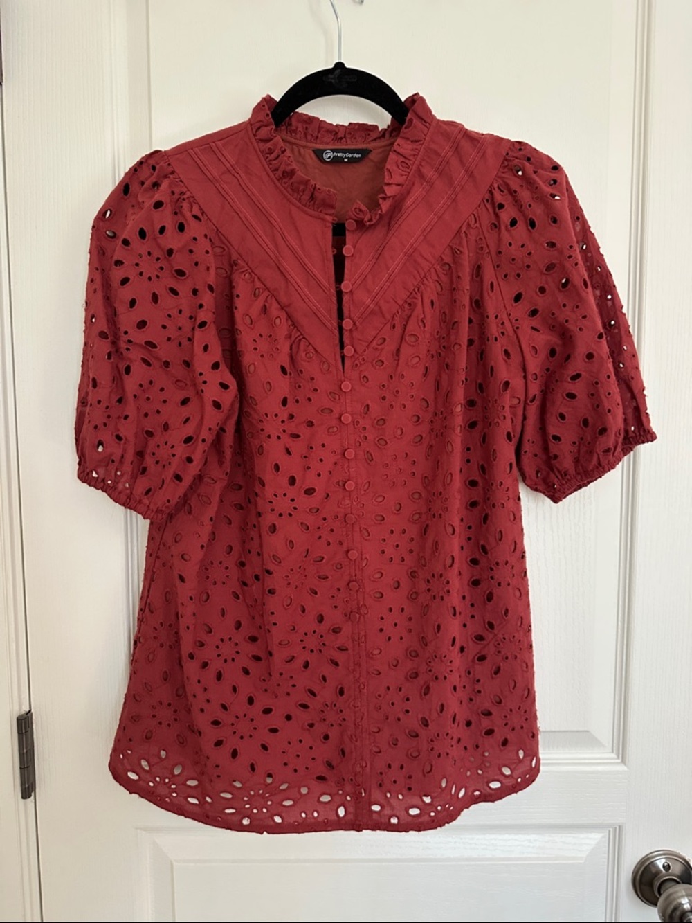Red Eyelet Puff-Sleeve Blouse